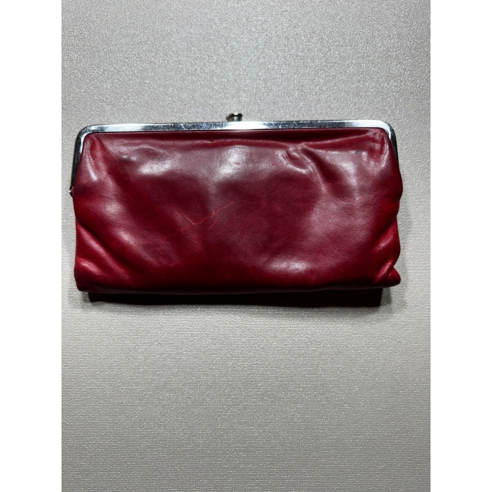 Hobo Red Leather Kiss Lock Frame Wallet Tri-Fold Clutch Silver‎ Hardware